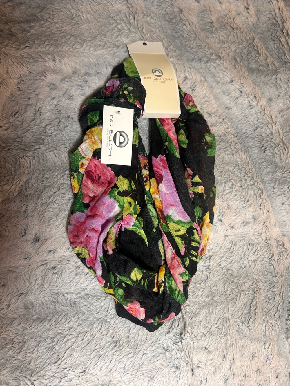 Big Buddha Black Floral Loop Scarf with Pink & Yellow Blooms